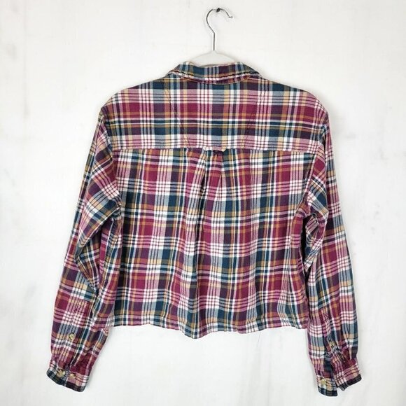 Vintage Krazy Kat Burgundy Green Yellow Plaid Quarter Zip Cropped Flannel Shirt - Picture 2 of 3